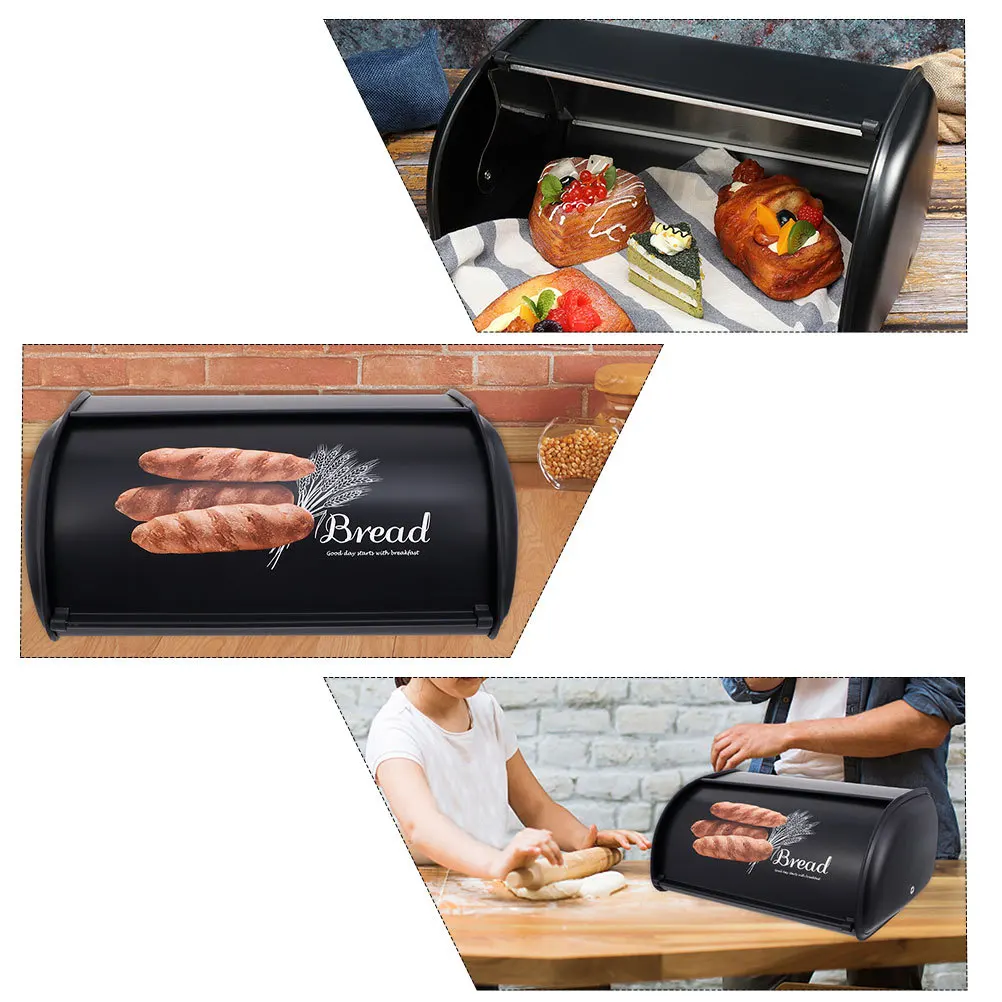 

Bread Box Black Retro Style Airtight Kitchen Food Container Wide Base Stable Bread Storage Organizer Decorative Desktop