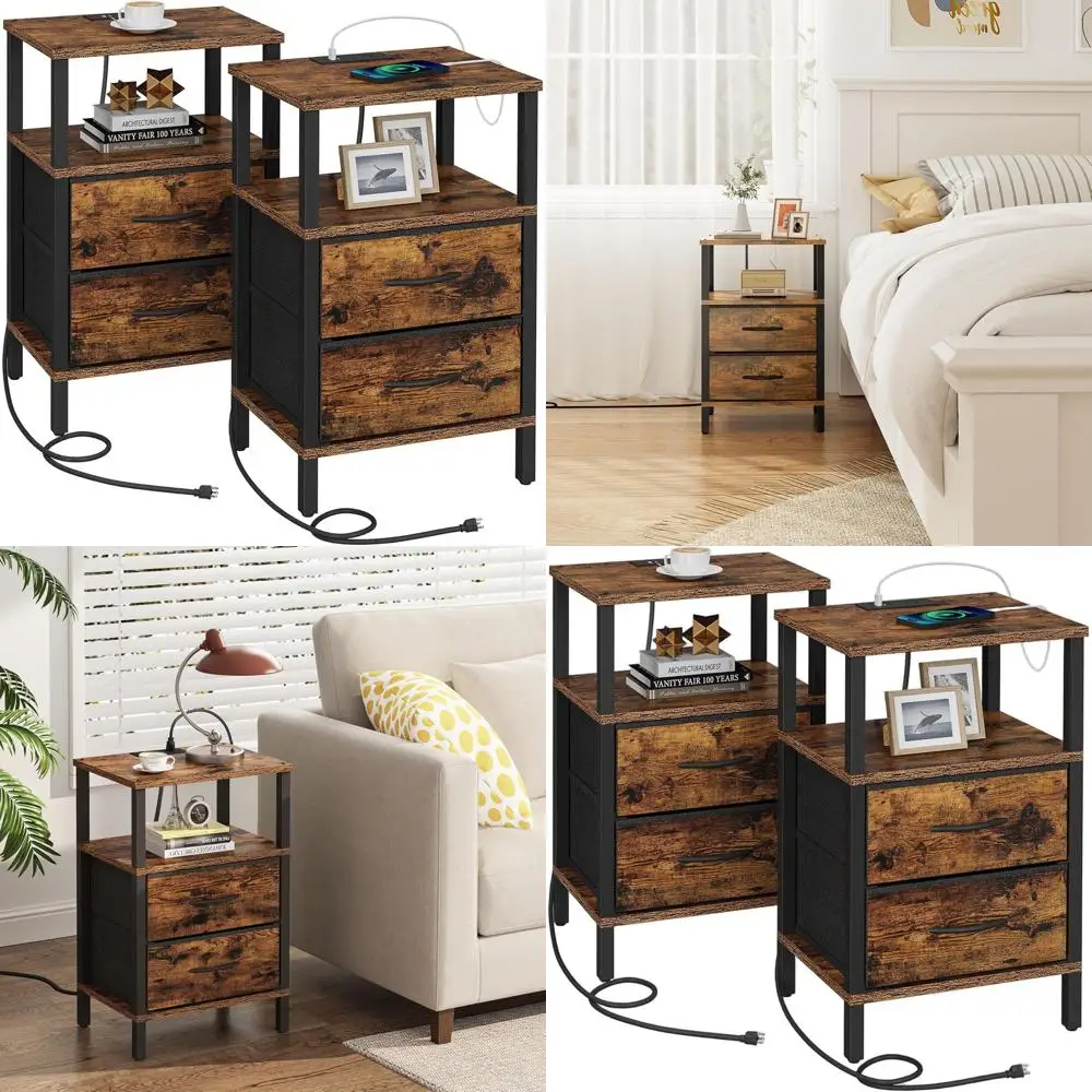 

Комплект из 2 приставных столиков с USB-портами и розетками, коричневый приставной столик для дивана с тканевым ящиком