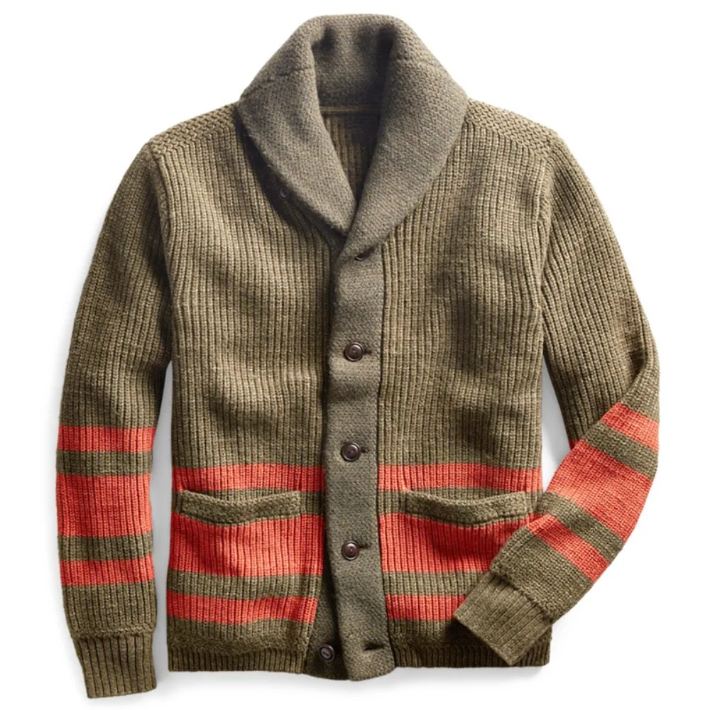 

Men's Sweater Cardigan Striped Jacquard Knitwear Coat Lapel Single Breasted Knit Jackets ArmyGreen Ropa Para Hombre