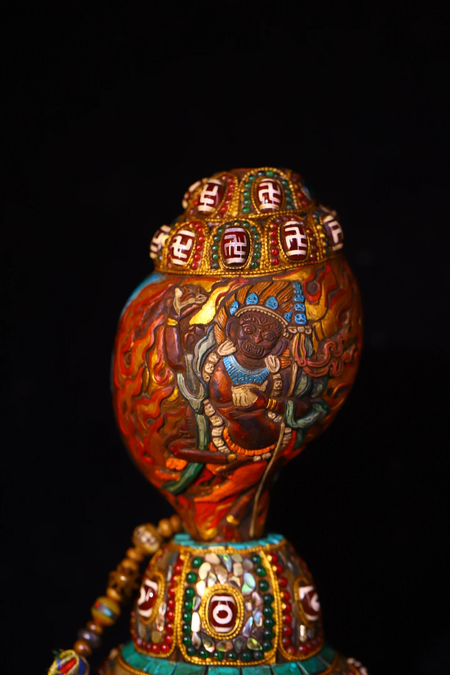 Nepalese Folk Meteorite Painted Mosaic Gem gZi Beads Turquoise Turtle Statue Base Dakini Buddha Conch Prayer flag Worship Hall