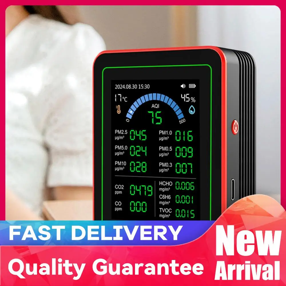 

Portable 18-in-1 Air Quality Monitor AQI CO PM2.5 PM10 PM0.3 TVOC HCHO C6H6 CO2 Detector Tester TFT Display Air Quality Detecto