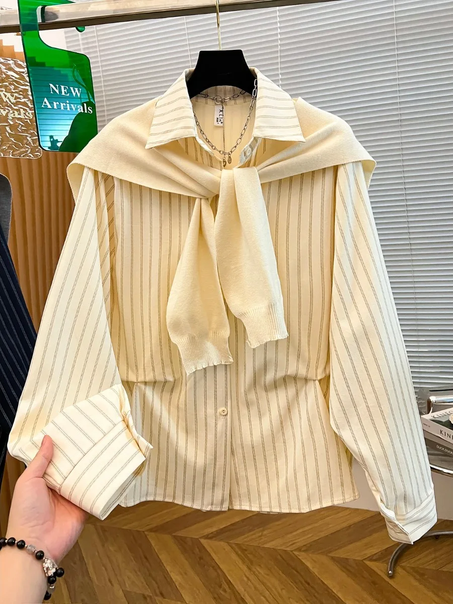 

Korean Sle Long Sve irt Women's Casual Loose Age-Defng Versatile Beautiful irt oulder Strap Bow Tie Autumn New A...