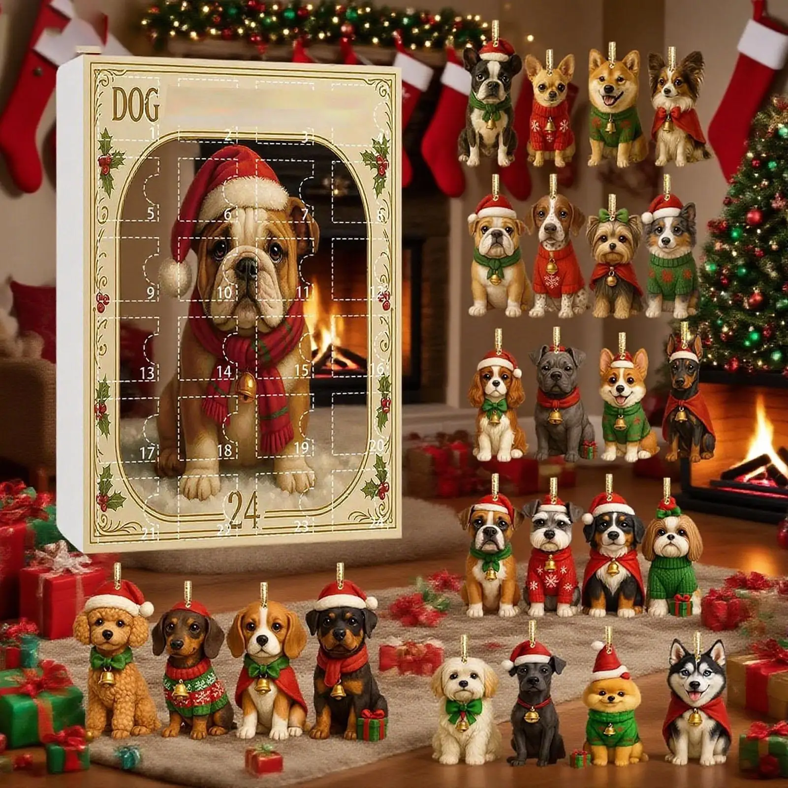 2D-Acryl-Hund, 24-Tage-Weihnachts-Countdown-Kalender-Set, Weihnachtsbaum, Hund, hängende Ornamente, Geschenk, Sammlerstück, lustiger Hund, Weihnachtsgeschenk