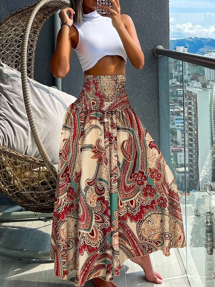 Boho impressão saias longas para as mulheres 2024 verão casual elástico de cintura alta a linha grande balanço vestido férias praia festa saia robe