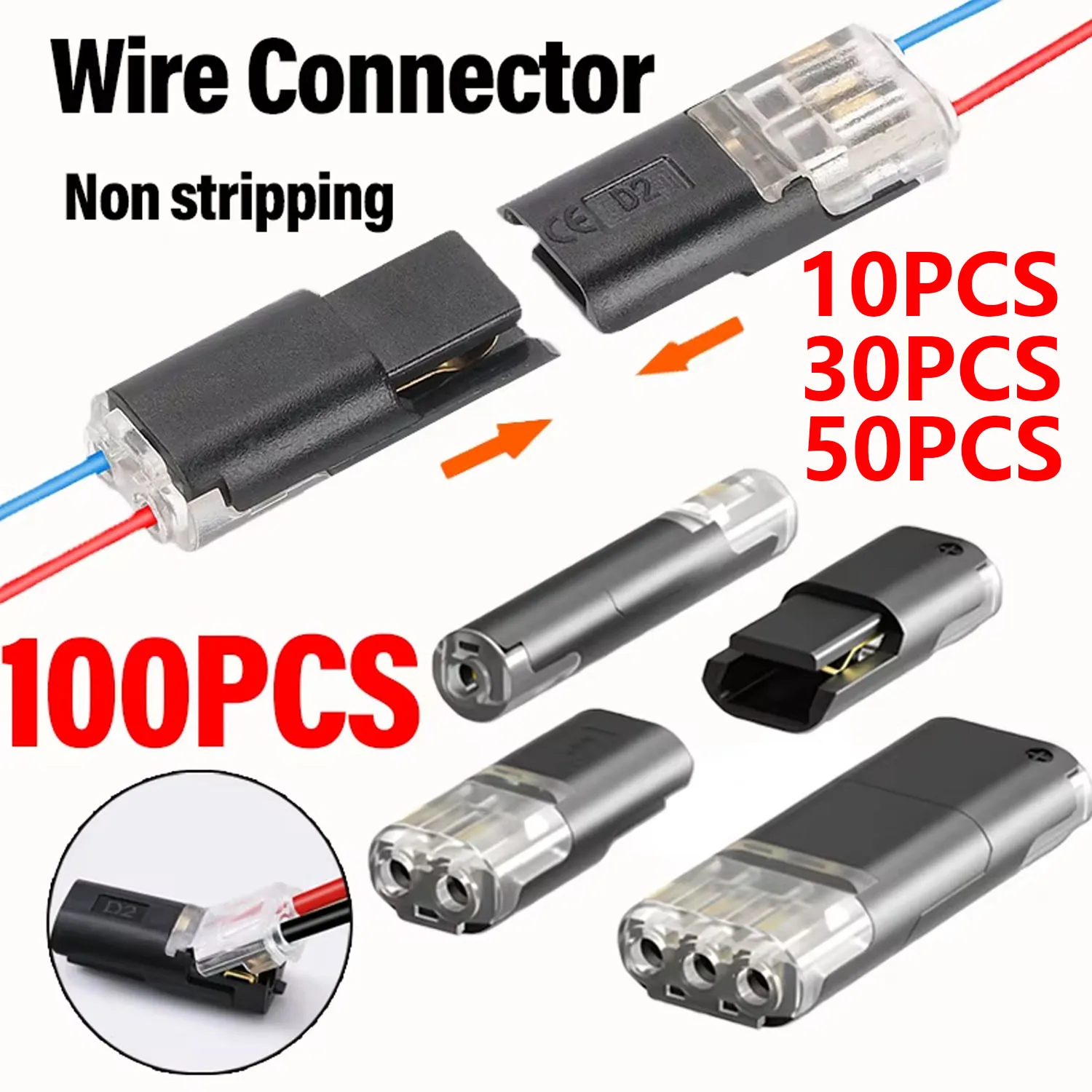 Conectores de cable de 1/2/3 pines D1/D2/D3, conectores de cable rápido sin pelar, conectores de interconexión de cables, conectores de terminales, 10/30/50/100 piezas