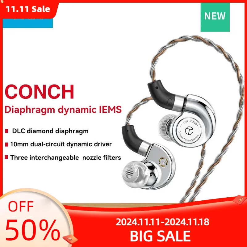 TRN Conch Diafragma Diamante DLC de Alto Desempenho, Monitores Dinâmicos In-Ear, Filtros Afinação Bico para Xiaomi, Conch Fone De Ouvido