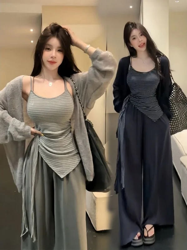 

Korean Lazy Style Fashion Set Women's Spring Summer Plaid Strap Top Cardigan Outer Wide Leg Pants Three Piece Set