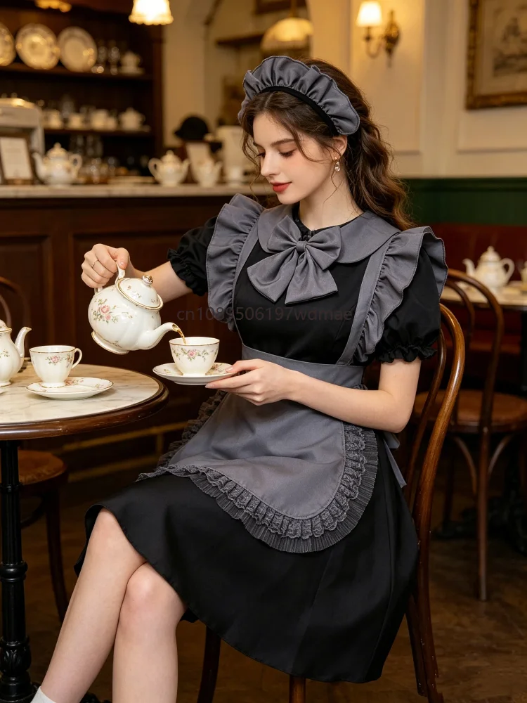 

Women Gothic Maid Outfit Black Gray Lolita Dress Short Puff Sleeve Ruffle Bow Tie Sweet Apron Cosplay Costume Casual Party Dress