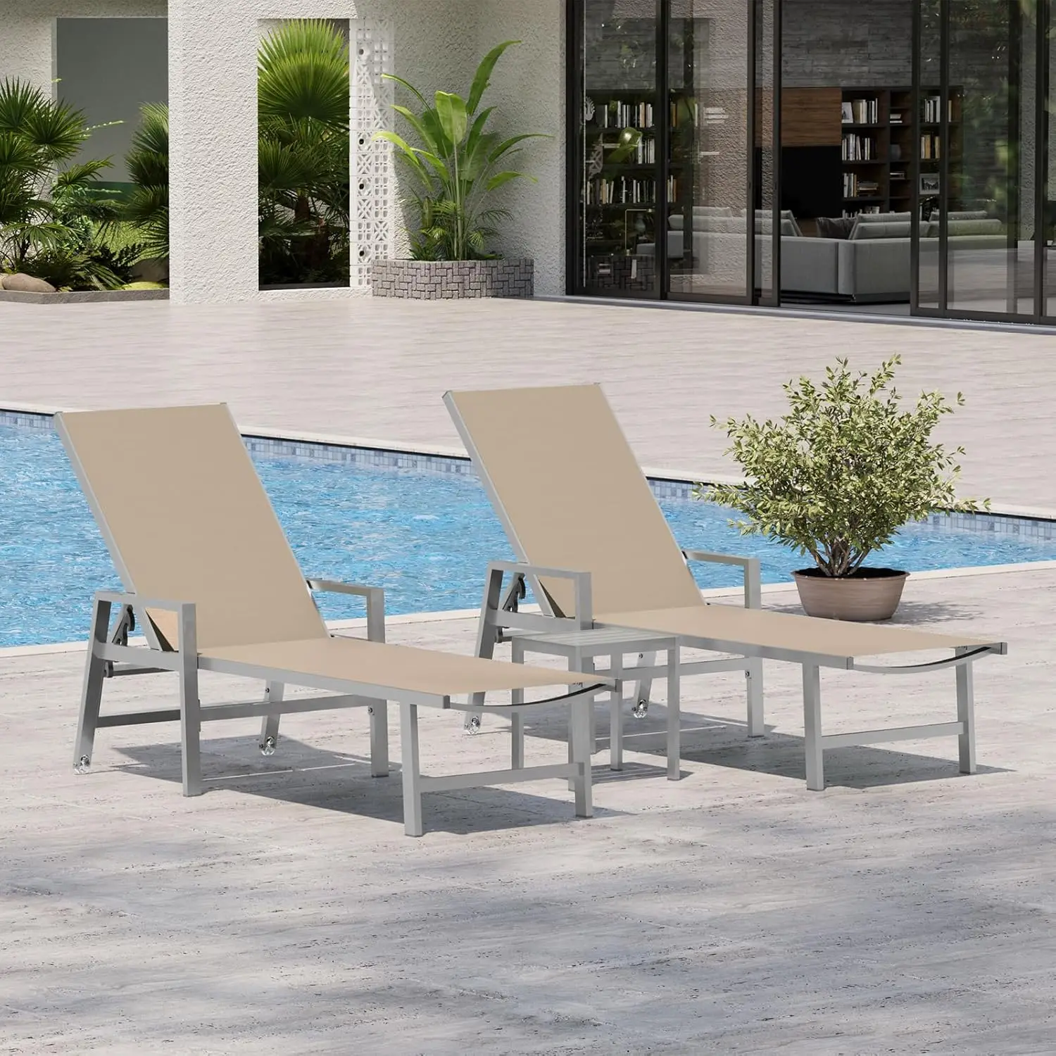 Terrace Recliner Outdoor Aluminum Pool Recliner with Wheels and Armrests A Set of 2 Five-position Adjustable Recliner Khakis