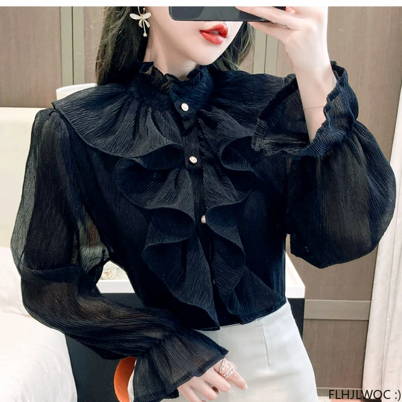 Ruffles Mesh Tops Women 2023 Korean Style France Fashion Design Flare Sleeve Elegant Office Lady Work Solid Basic Shirts Blouses