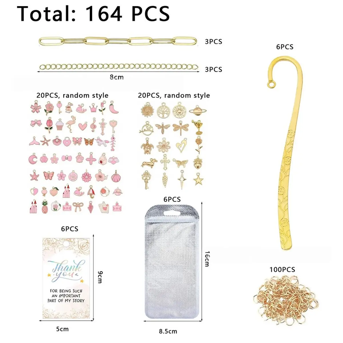 164PCS DIY Bookmark Making Kit Bookmark Blanks Assorted Enamel Charms Link Chains Jump Rings Paper Cards Bags