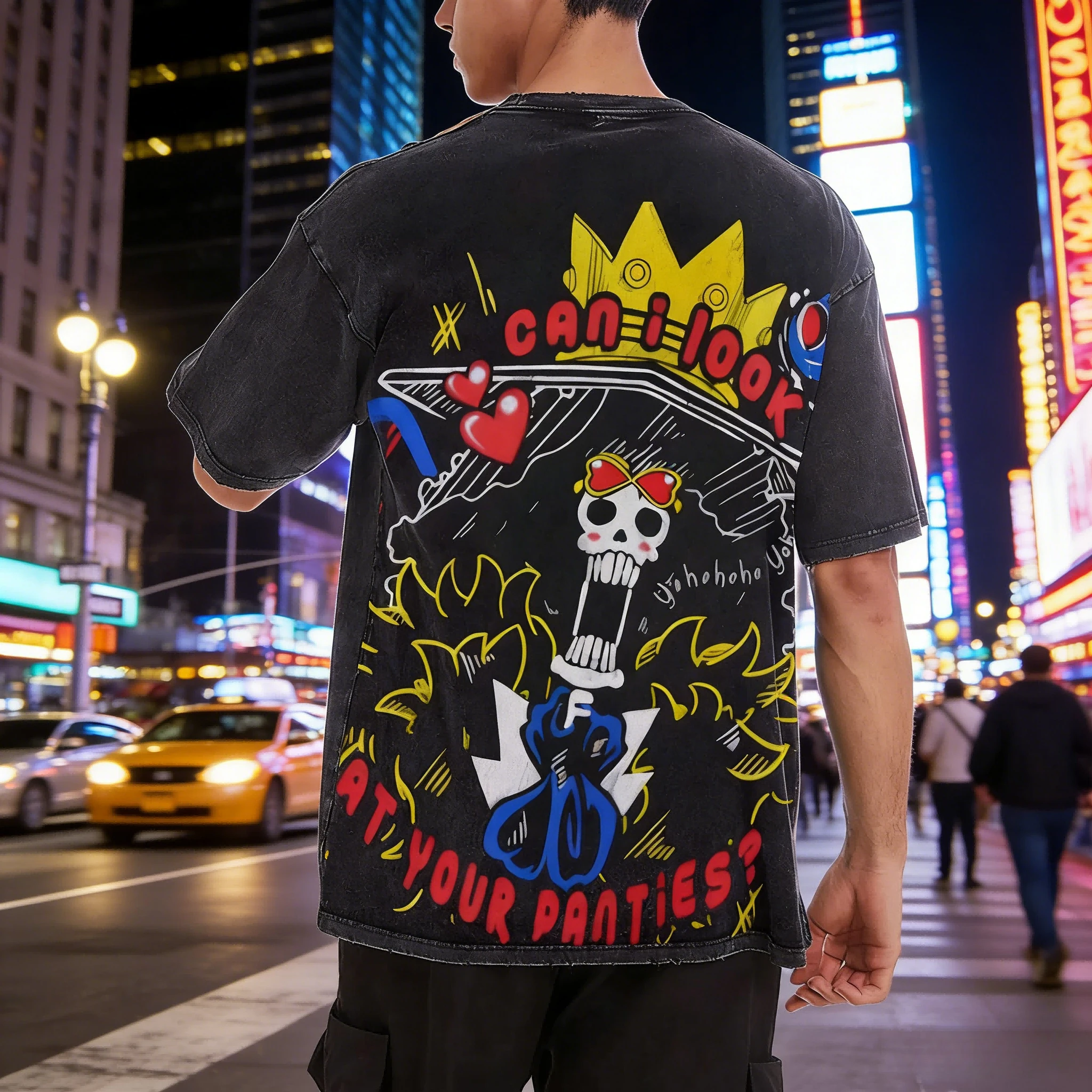 ONE PIECE Brook Bedrucktes, gewaschenes, kurzärmeliges Goth-Street-Style-Retro-Alt-T-Shirt Anime Peripherie Sommer-Oberteile für Herren und Damen