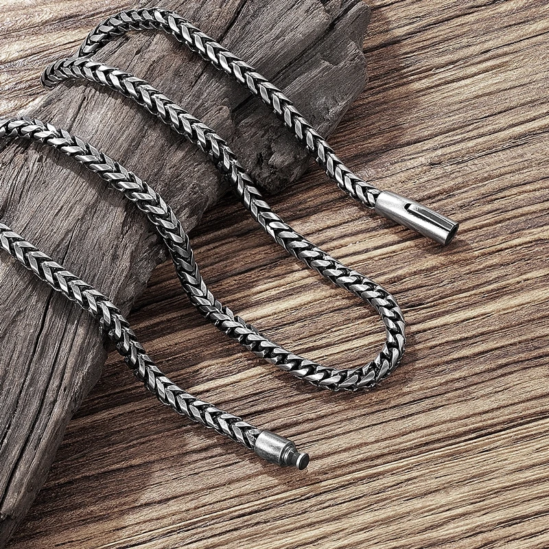 MKENDN Vintage Oxidized Cool Curb Cuban Chain Necklace for Men Stainless Steel Punk Rock Antique Cubic Foxtail Chain Male Gifts