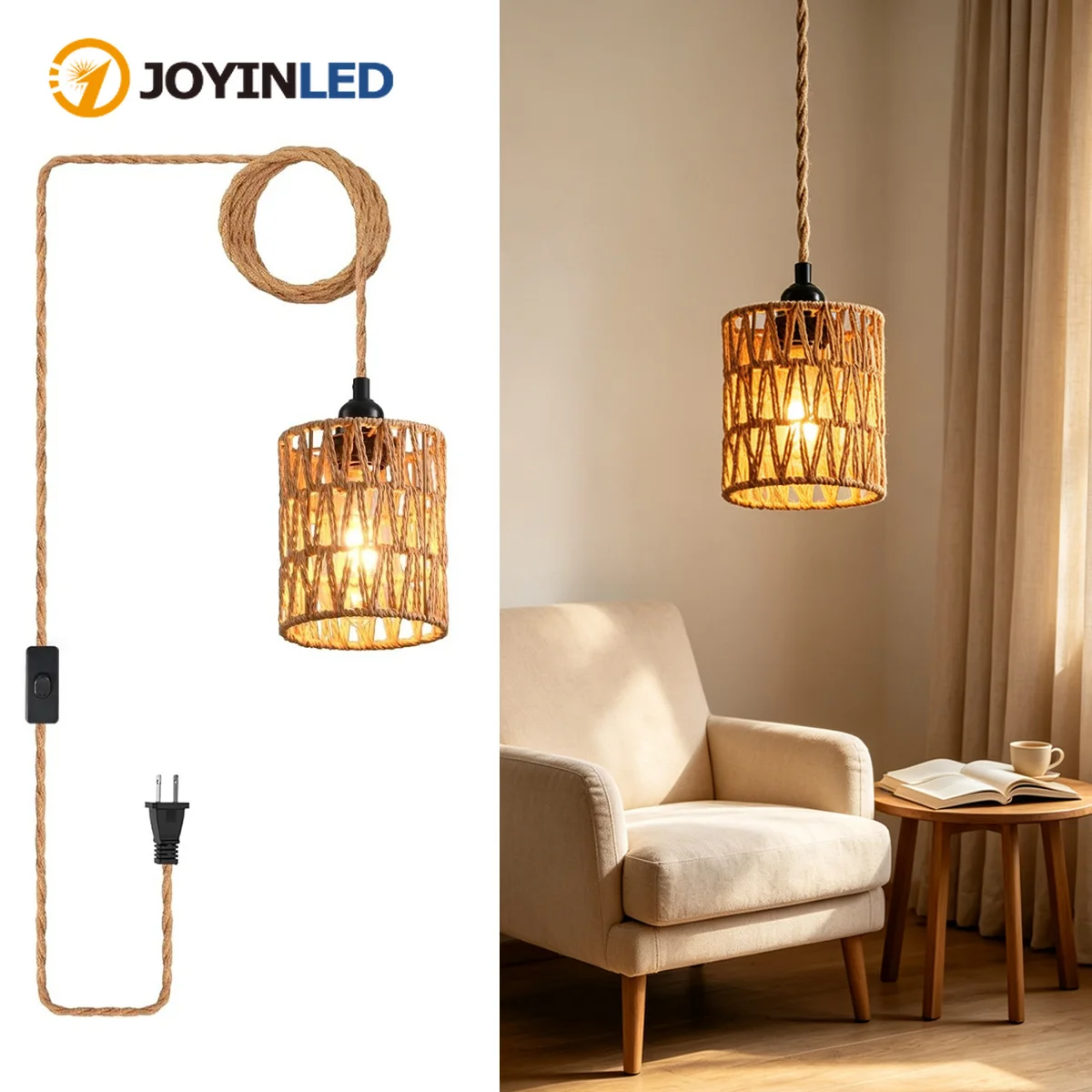 Plug in Pendant Light Boho Hanging Light Rattan Chandelier with 4.5M Plug in Cord ON/OFF Switch Hanging Lamps for Bedroom E27