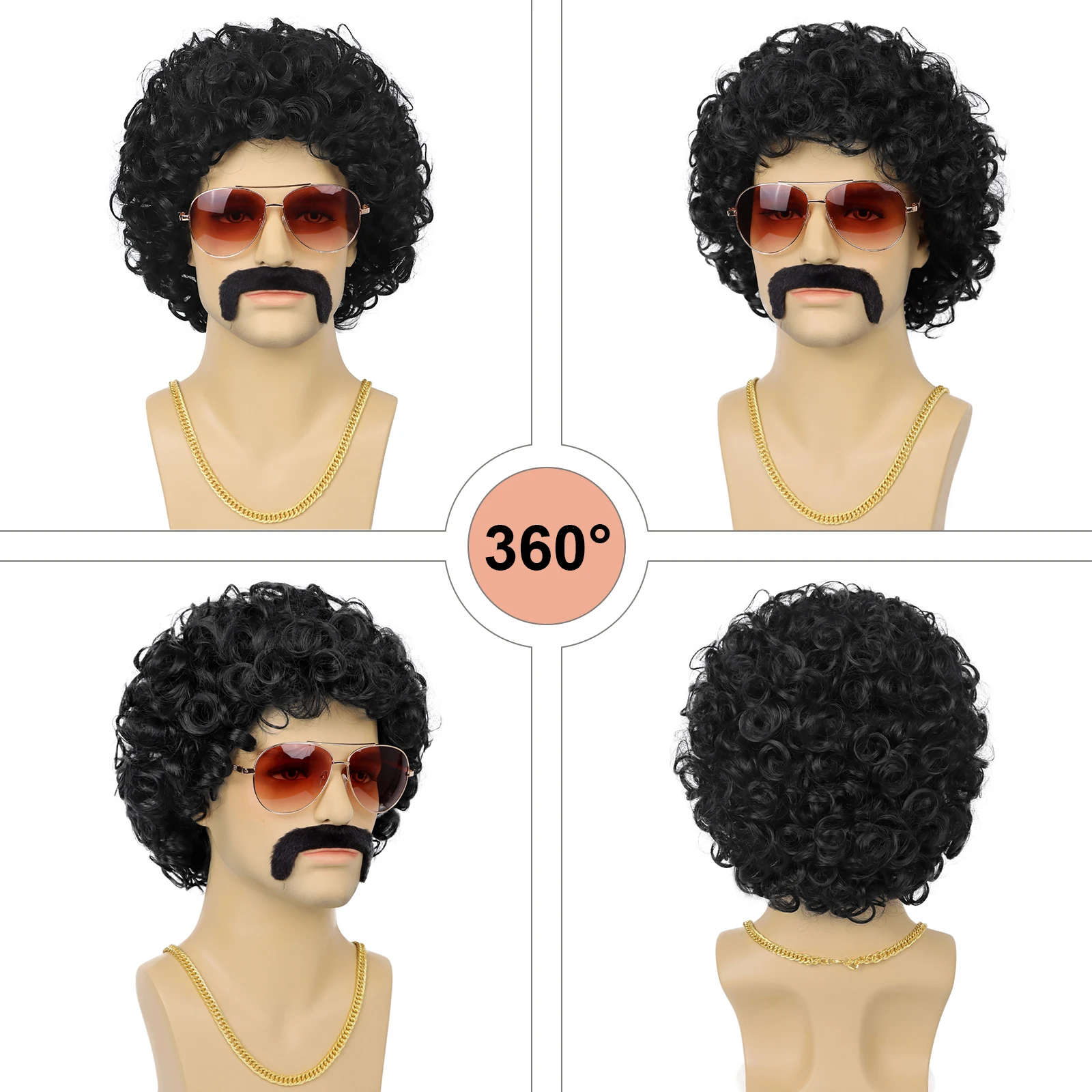 شعر مستعار ديسكو مع نظارات شارب ، عقد ذئب صناعي ، سلسلة ذهبية ، شعر صناعي مجعد قصير ، هزاز أفريقي للرجال ، 70s ، 80s ، 5 Set #5