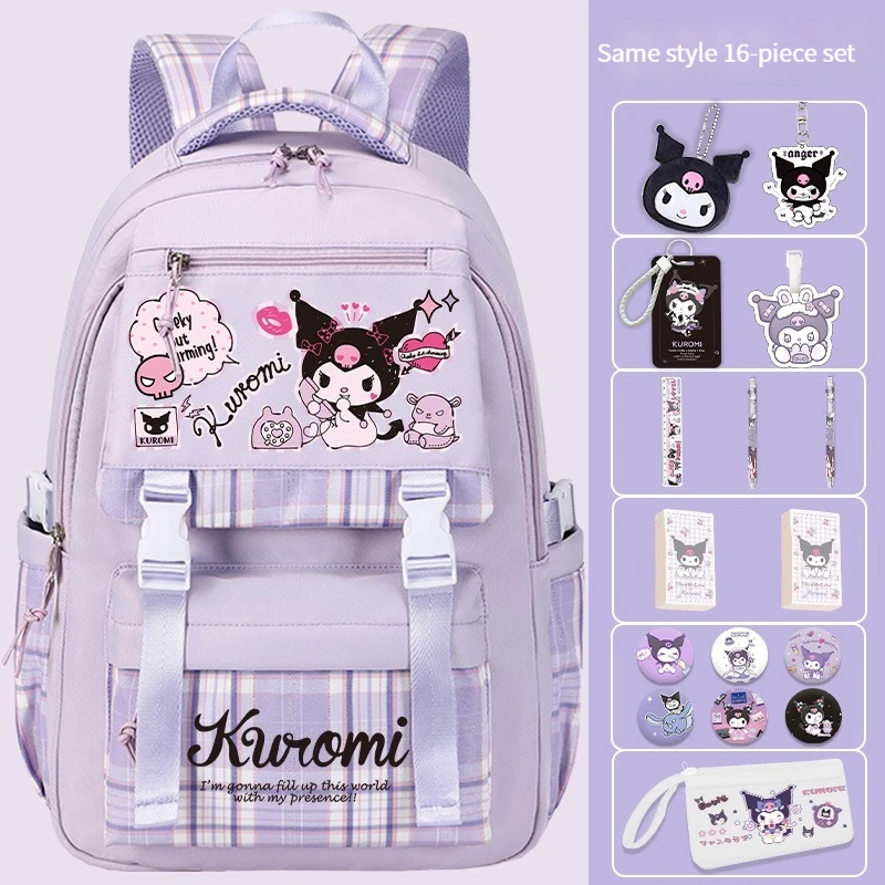 

Sanrio Kuromi Anime Kawaii Girl Student Bag Large Capacity Reduce Burden Protect Spine Children Schoolbag Stationery Set Gifts