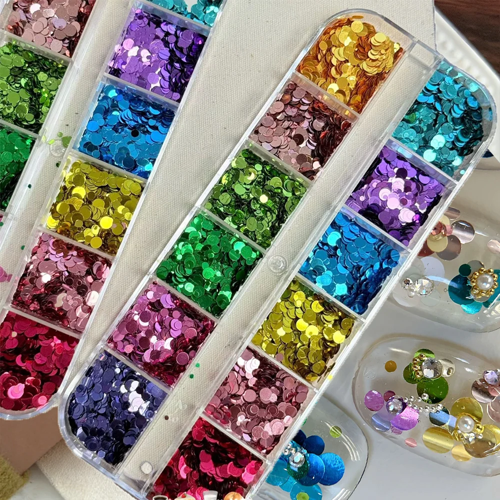 12Grids 3D Colorful Polka Dot Nail Glitter Sequins Mixed-Sizes Round Nails Flakes DIY Spliced Flower Shaped Manicure Decorations