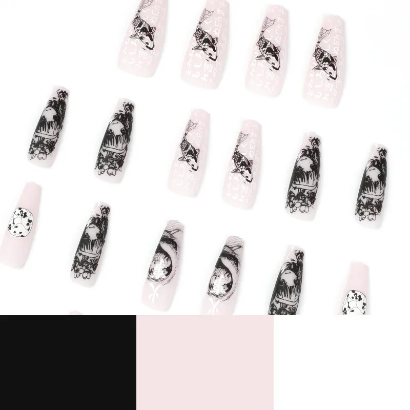 Sea Wave Carp Japanese Style Doodle False Nails Detachable Nude Pink Long Coffin Fake Nails with Glue Full Cover Press on Nails