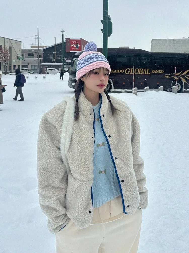 شتاء جديد لطيف متعدد الاستخدامات لون فرو الضأن بلو جايت المرأة شيك Aosphere الإحساس ort قمة الكورية Sle فضفاضة تناسب #5