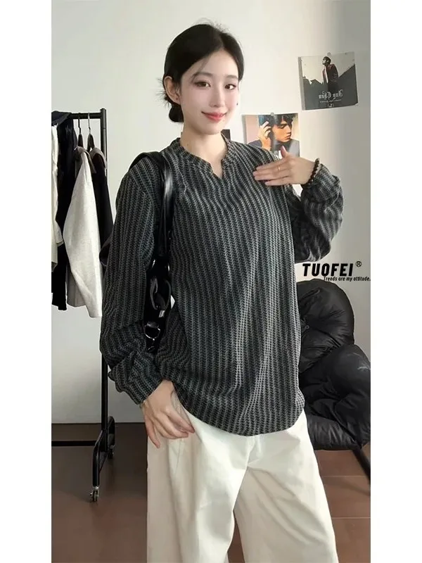 

Толстовка с глубоким V-образным вырезом и длинными рукавами в полоску, в американском ретро-стиле, для осенней повседневной моды