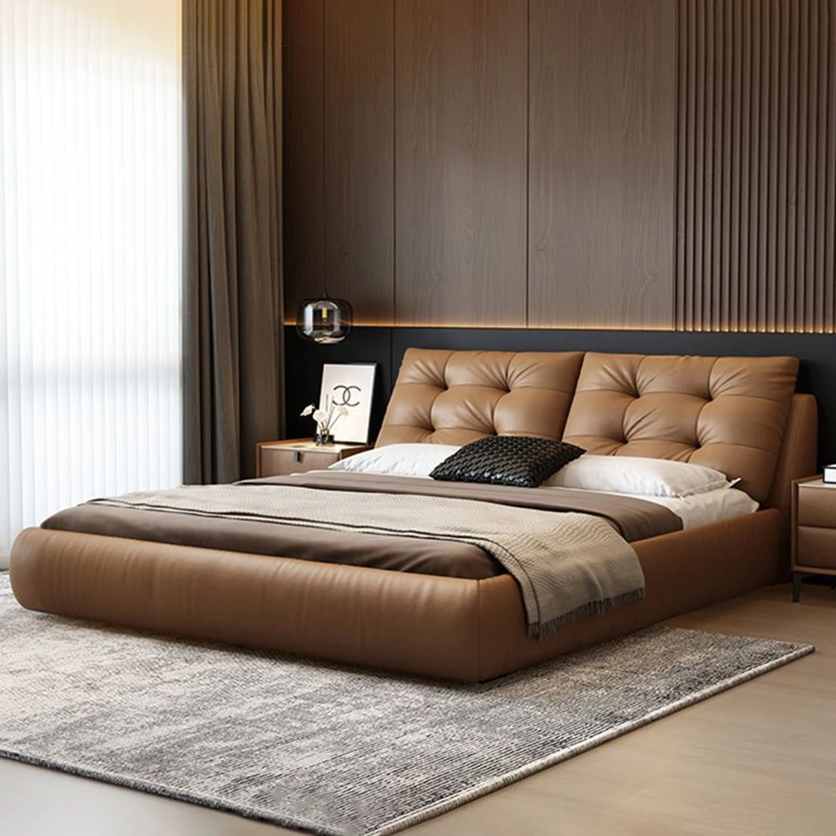 

Hot Sale Light Luxury Storage Leather Bed Modern Soft Italian Hotel Brown Bed Set Bedroom Furniture High Quality King Bed Frame