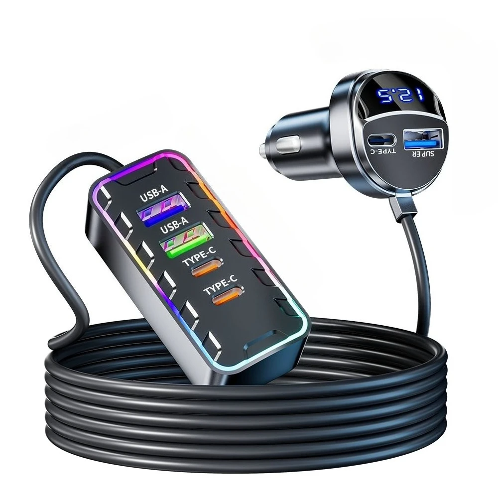 

Переднее и заднее автомобильное зарядное устройство 6-в-1 USB-зарядка Светодиодный дыхательный светильник 135 см Удлинительный кабель Быстрая зарядка для нескольких устройств