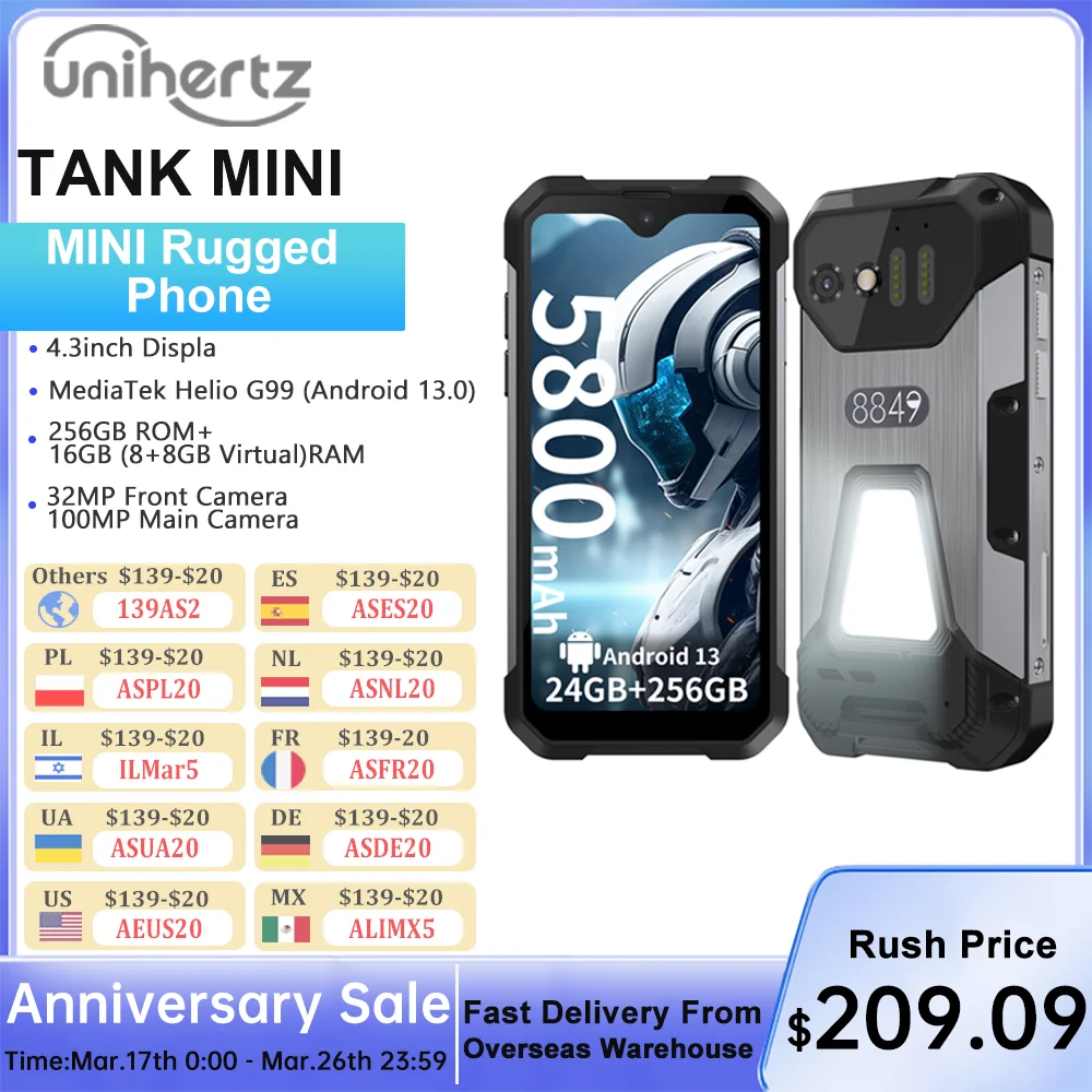 Unihertz 8849 Tank Mini Rugged Smartphone 4.3 Inch Display 16GB+256GB Android 13 5800mAh Battery 100MP Camera IP68 4G Phone
