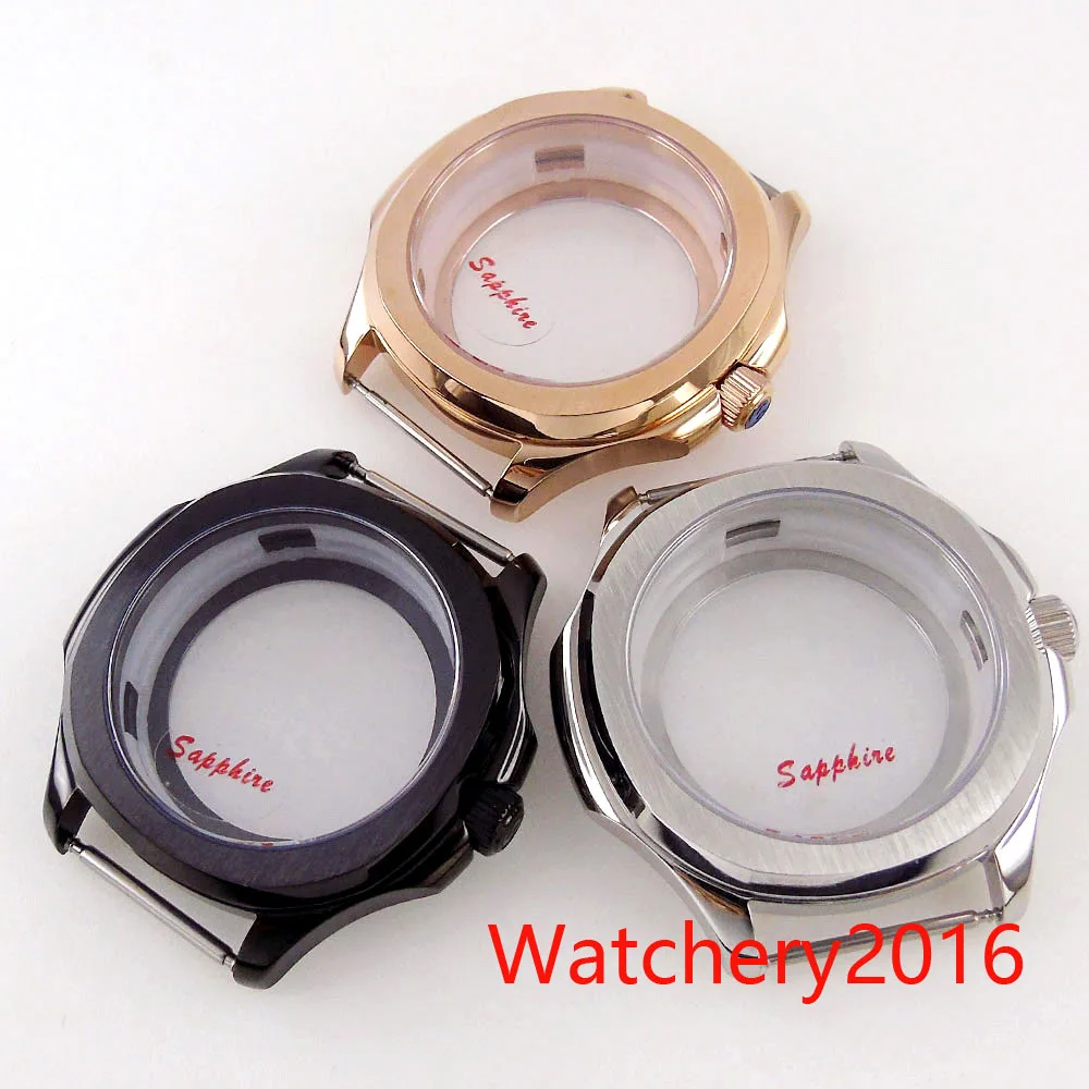 

40mm Square Rose Gold Black PVD Watch Case with Glass Back Sapphire Glass fit NH35 NH36 NH34 Automatic Movement Watch