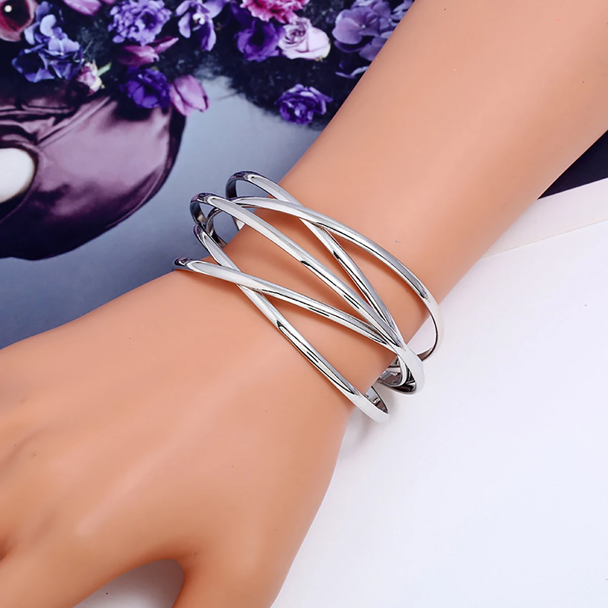 Punk Hollow Alloy Bangles for Women Gold Silver Color Cuff Bracelet Open Adjustable Arm Bracelets Summer Fashion Jewelry image 3