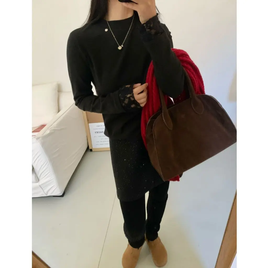 

B2XH-11163 Korean Women's Lace Sleeve Semi-High Collar Bottoming Shirt Gentle Wind Pullover Winter New Style Wholesale