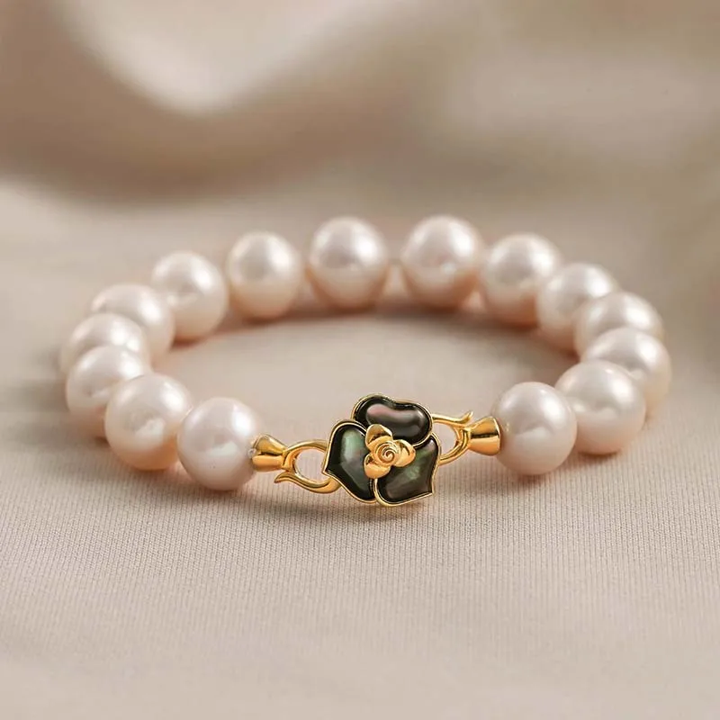 

925 Sterling Silver Freshwater Pearl Flower Design Round Bead Chain Bracelet Women
