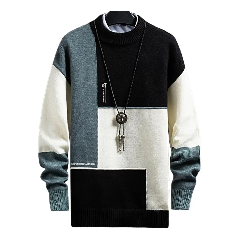 Stylish Spring Sweater Contrast Color Thermal Anti-pilling Color Block Streetwear Men Sweater