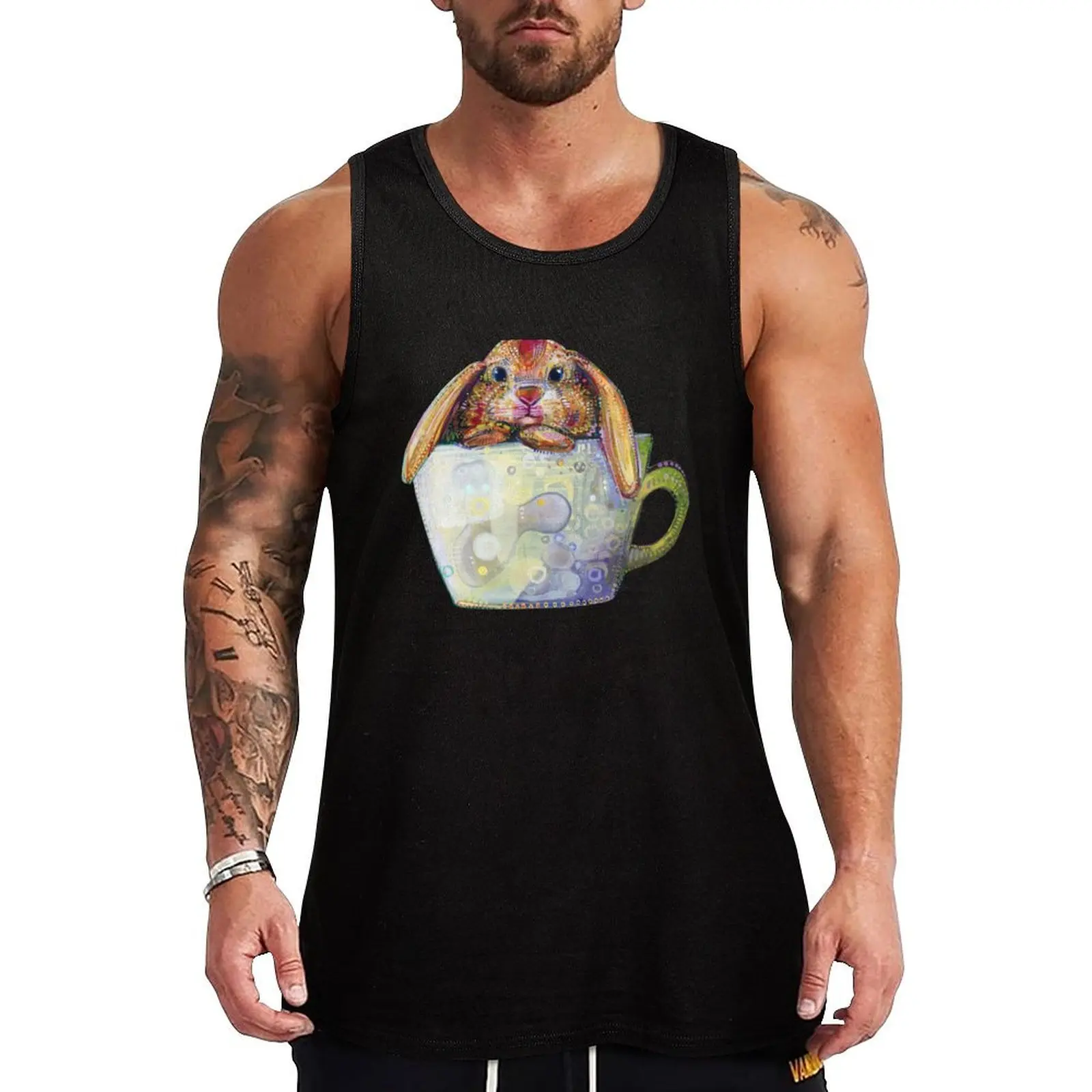 Bunny in a Teacup Painting - 2010 Tank Top male top Men's summer clothes vest for men