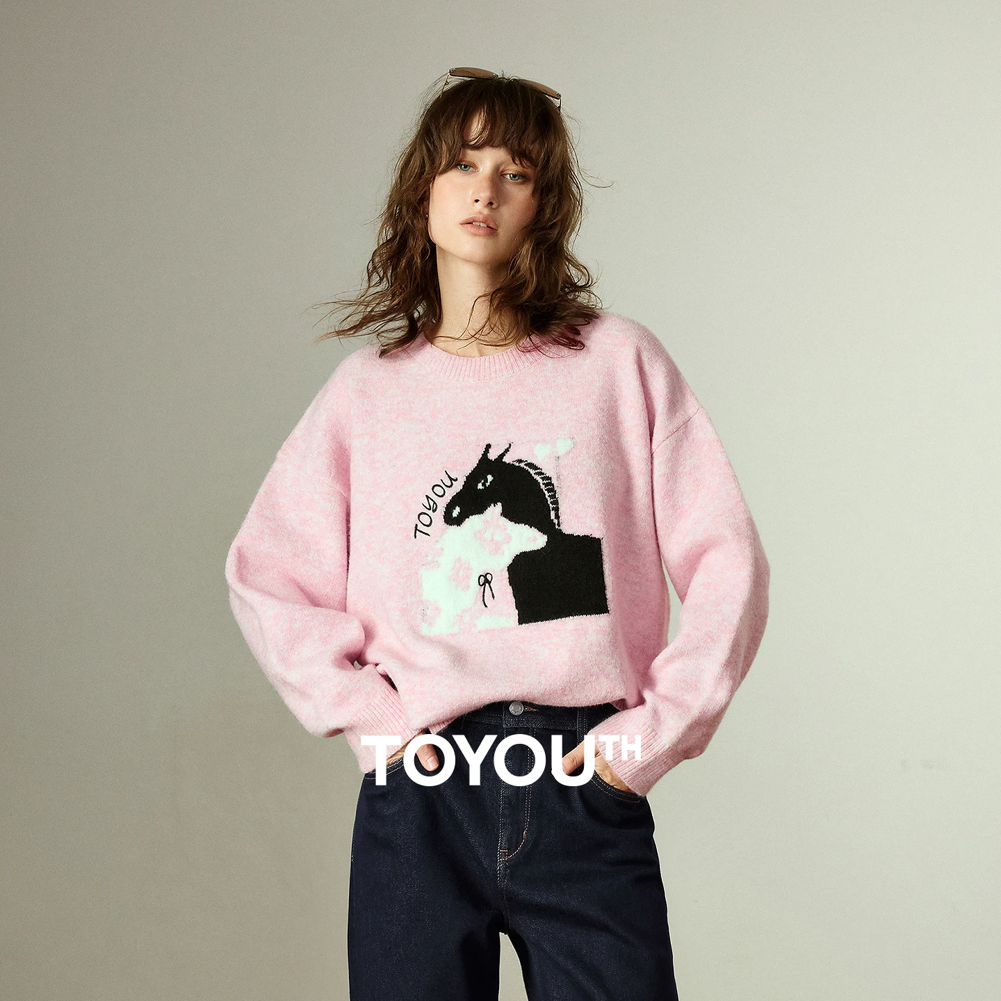 

TOYOUTH Women Knitwear 2025 Winter New Wool-Blend Crew Neck Loose Horse Jacquard Sweater Tops