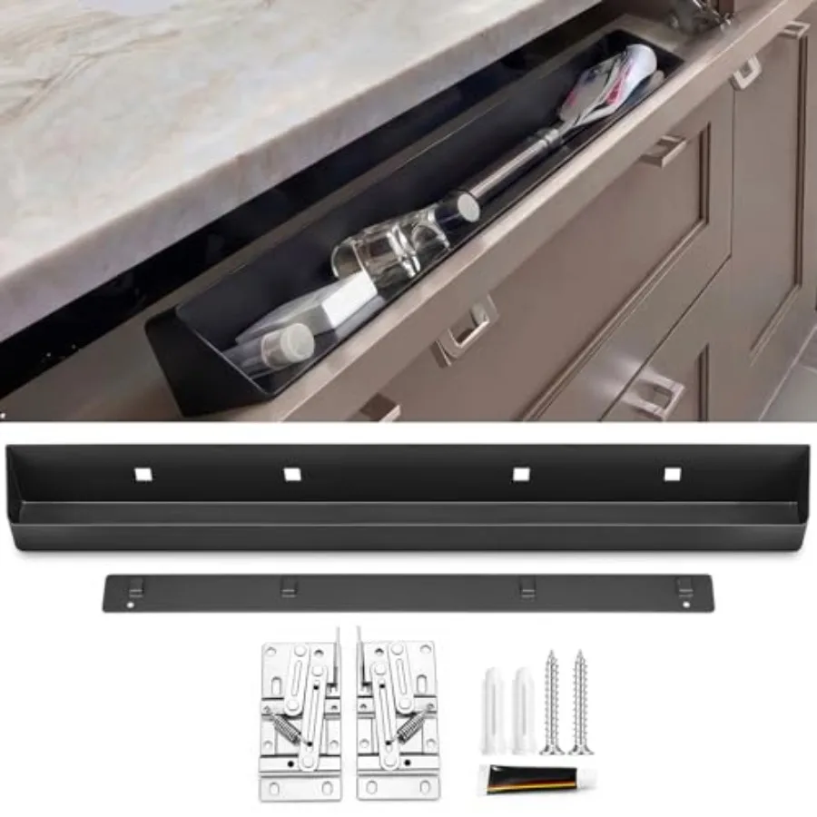 

Set Tip Out Tray for Front Sink Drawer with Hinges and Mounting Plate Includes Screws and No-Drill Adhesive Metal Pull Out Stor