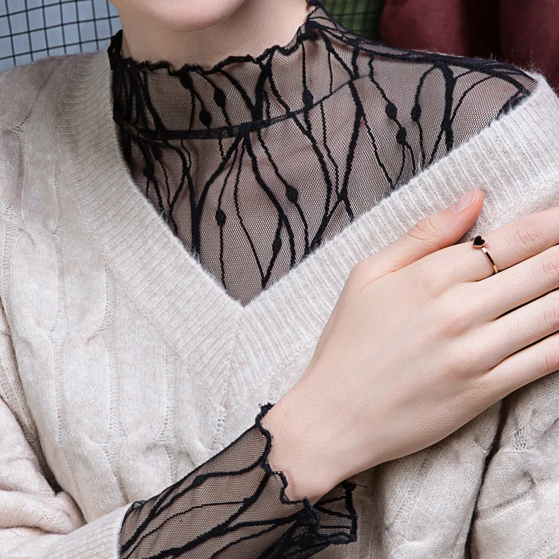 

Сексуальная кружевная базовая футболка для женщин с полувысоким воротником, сетчатая, прозрачная, осенняя модная футболка-топ из нейлоновой ткани с длинным рукавом