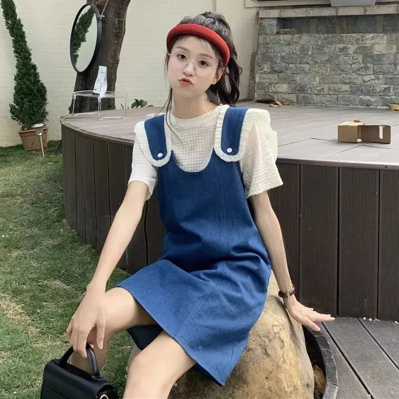 Fashion Women's Set Spring Summer New Korean Edition Deep Blue Denim Strap Dress+Apricot Sweet T-shirt Two Piece Set for Women