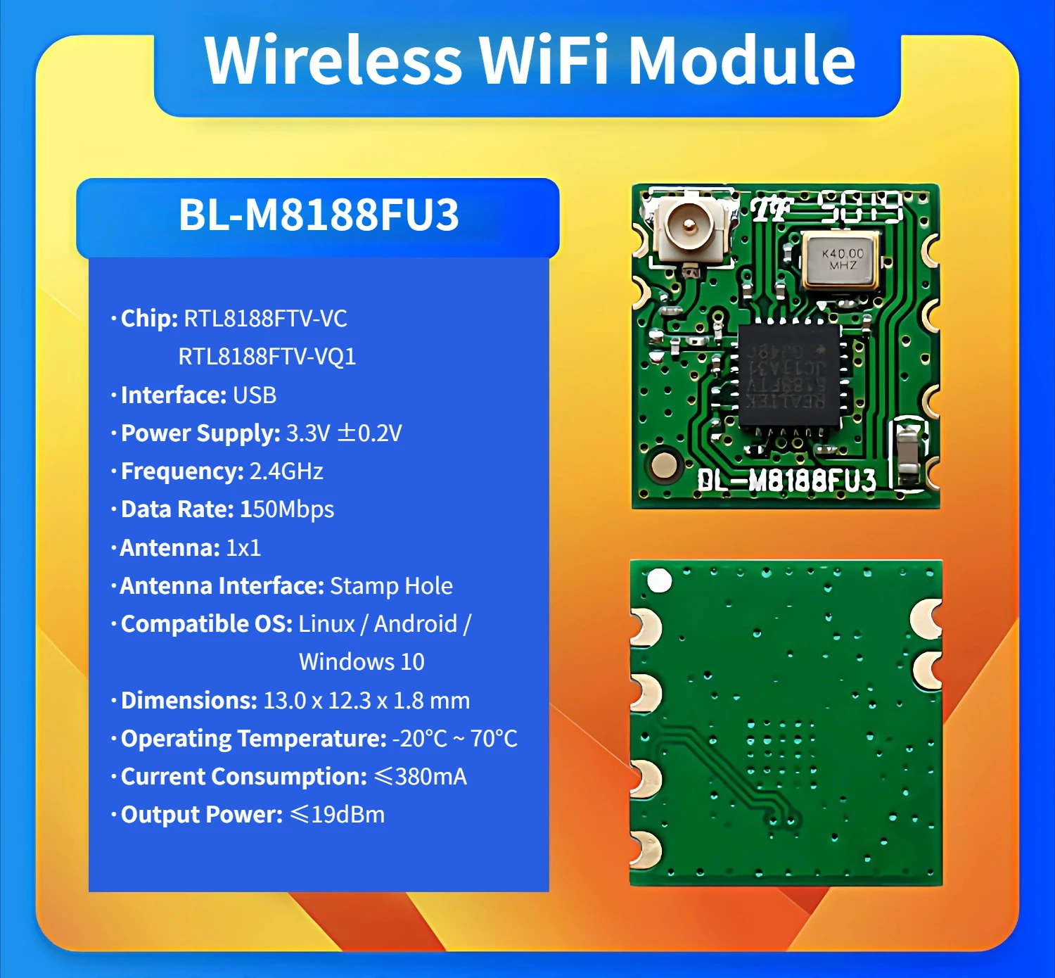 Wireless WiFi Module BL-M8188FU3 Realtek RTL8188FTV Chip for IPC Camera Wireless Video Transmission Windows Linux Android