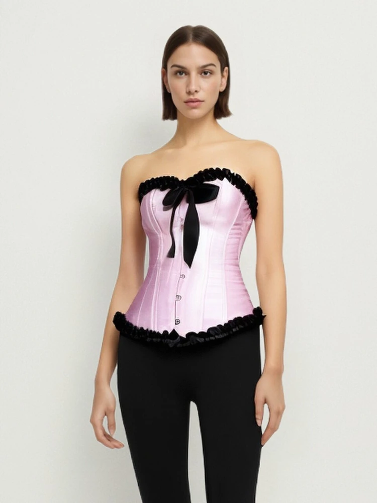 Barbie Powder Sexy and Cute Court Corset Top Black Ruffle Lace Design Big Bow Fishbone Corsets for Women Gothic Clothes