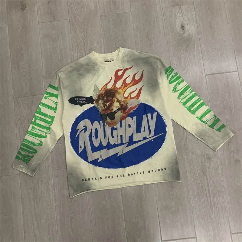 Washed Rough Hot Drill Letters Pullovers Men Women Pure Cotton American Vintage TShirts