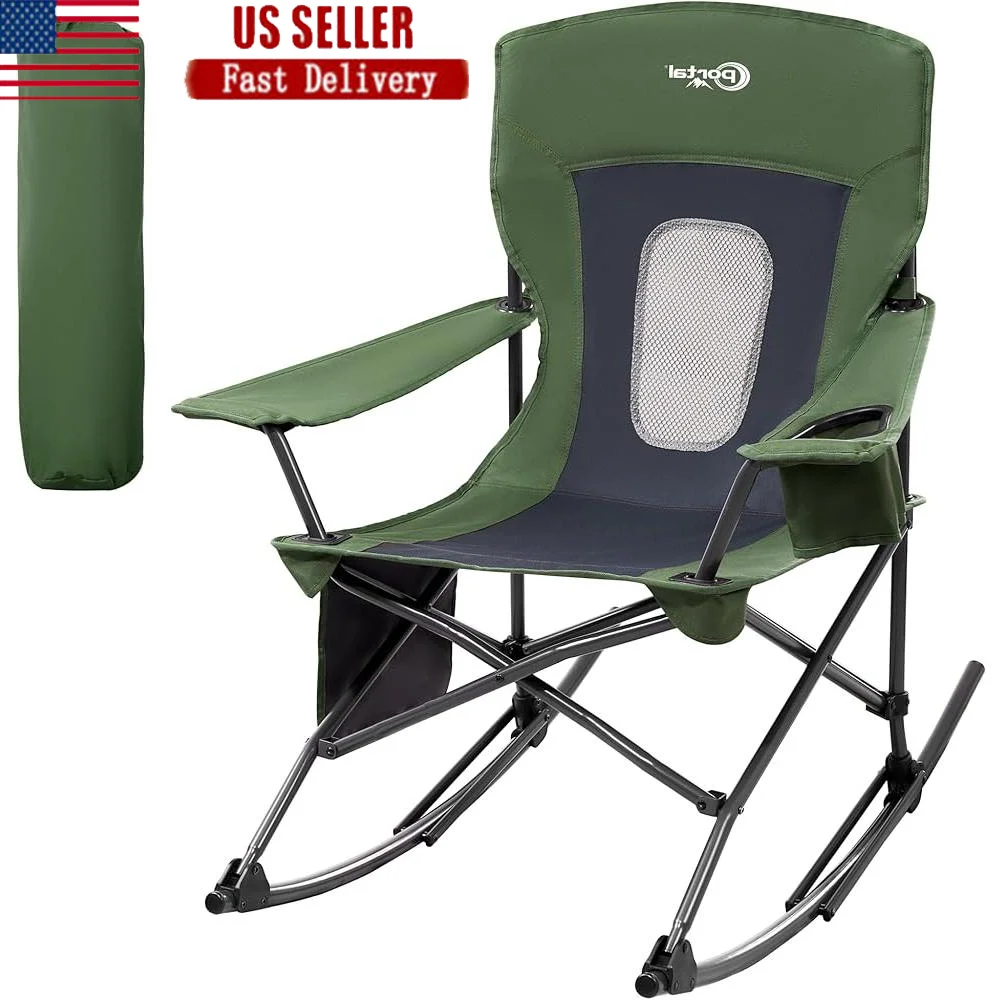 Portable Folding Rocking Chair Camping Rocker Outdoor Lawn Chair with Cup Holder Side Pocket Lightweight Easy to Fold Heavy Duty