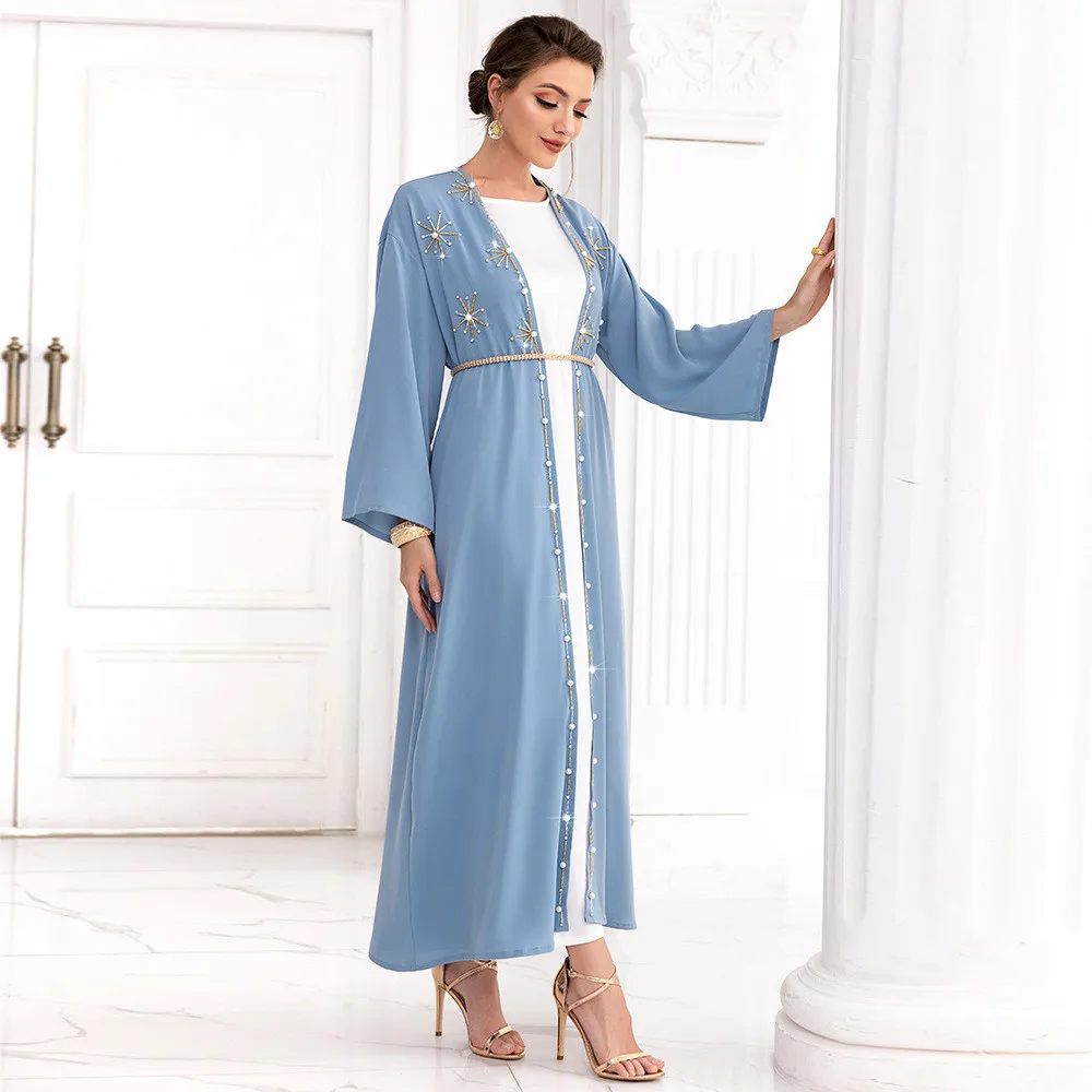 Muslim Clothes Set 2023 Ramadan Women Long Abaya Dubai Kimono Cardigan Islamic Maxi Robe Kaftan Luxury Rhinestone Arabic Turkey