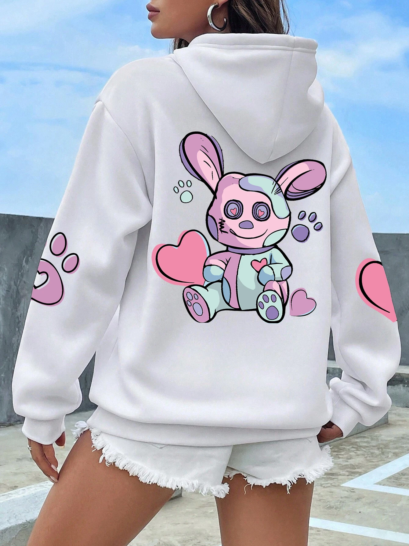 Hip Hop Street Cute Rabbit Prints Female Sweatshirts Harajuku Fleece Hooded Fashion S-XXL Hoodies Loose Oversize Tops Women