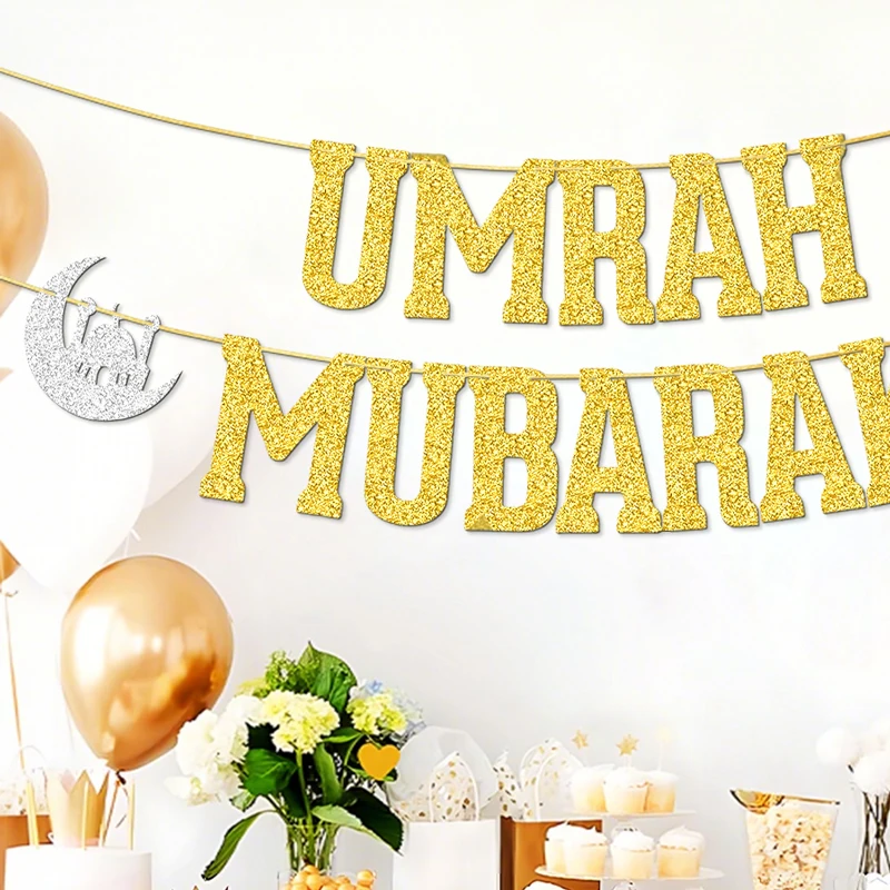 YOMDID Umrah Mubarak Banner Glitzer Umrah Mubarak Dekorationen Partybanner für Islamische Muslimische Dekorationen Partyzubehör – Detail 11