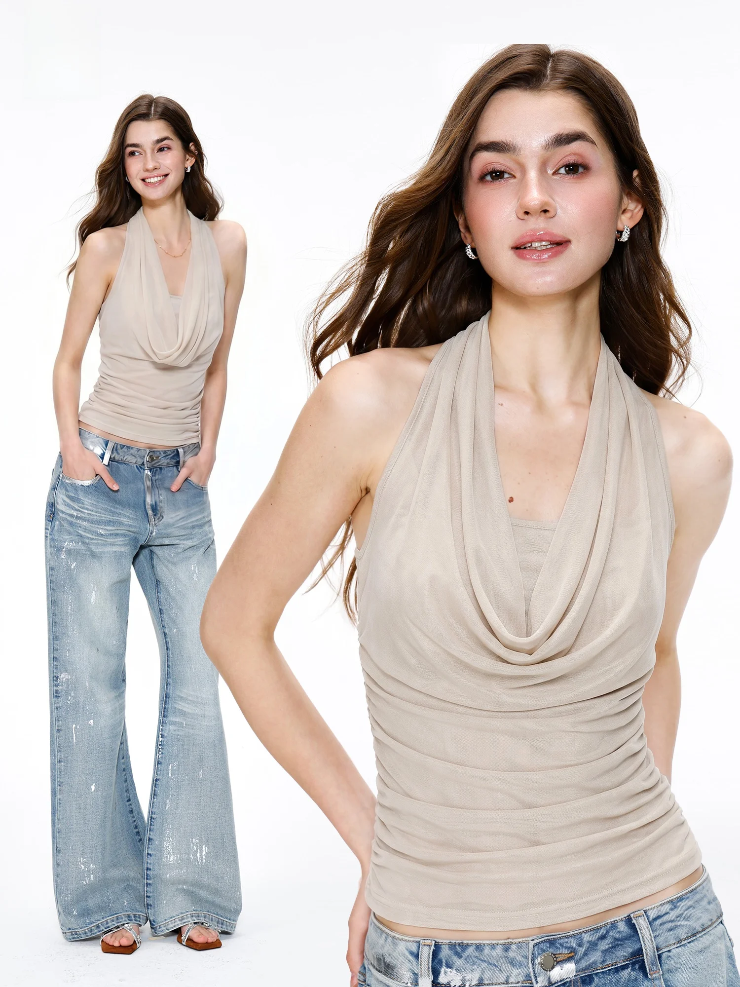 

Summer Sleeveless Neck Hanging Strap Vest Women's Slim Fit Backless Design Casual Style Short Length Breathable Fashion Top
