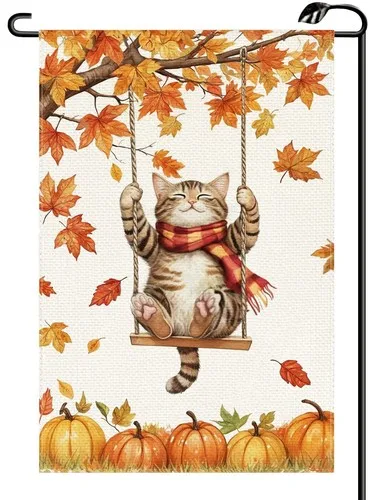 Fall Pumpkin Swing Cat Garden Flag Double Sided Autumn Thanksgiving Harvest UUI GGX