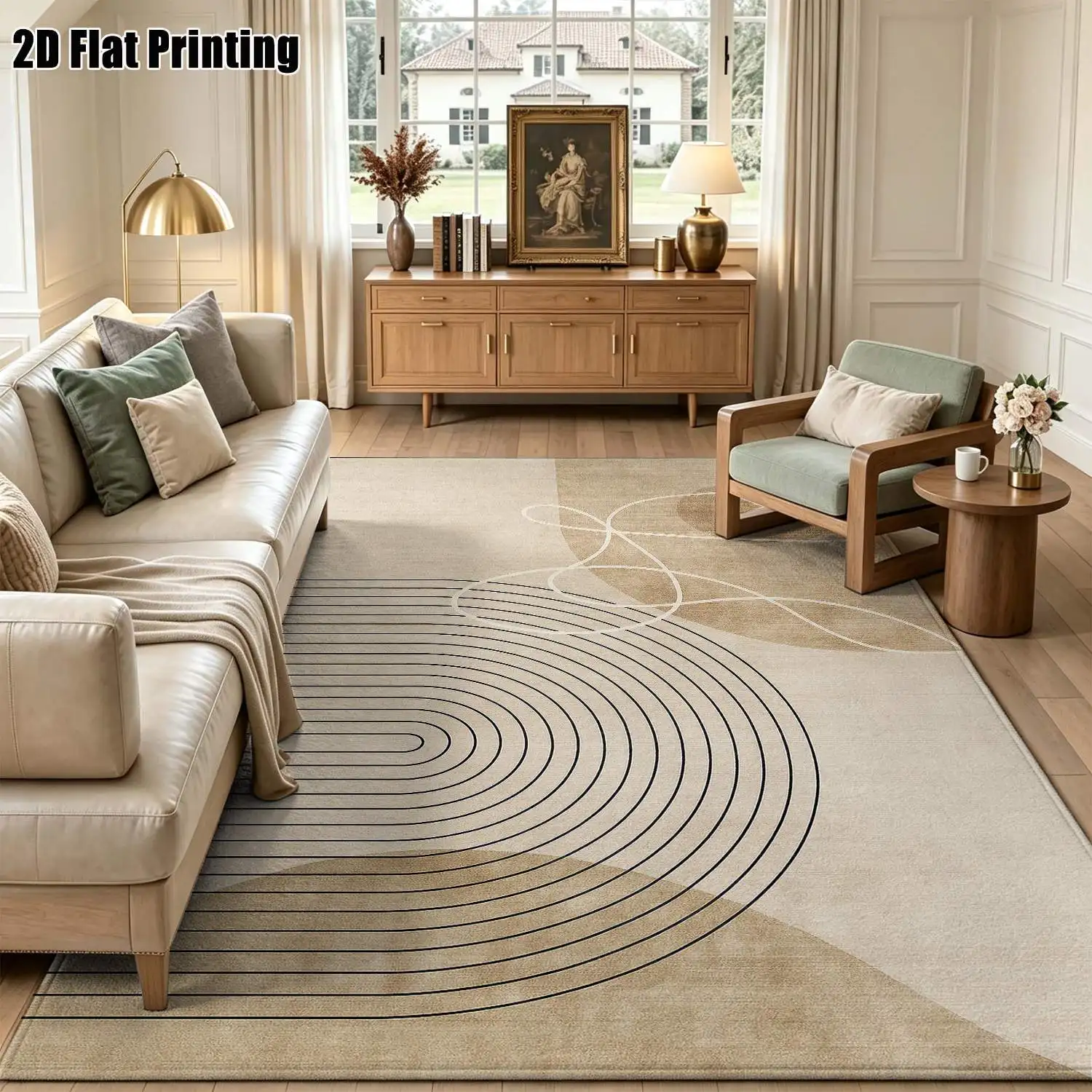1Pc 2D Printed Beige Abstract Geometric Nordic-Style Carpet, Instagram-Inspired Modern Minimalist Floor Mat, Multiple Sizes, Machine Washable, Suitable for Home Decor and Multi-Scenario Use