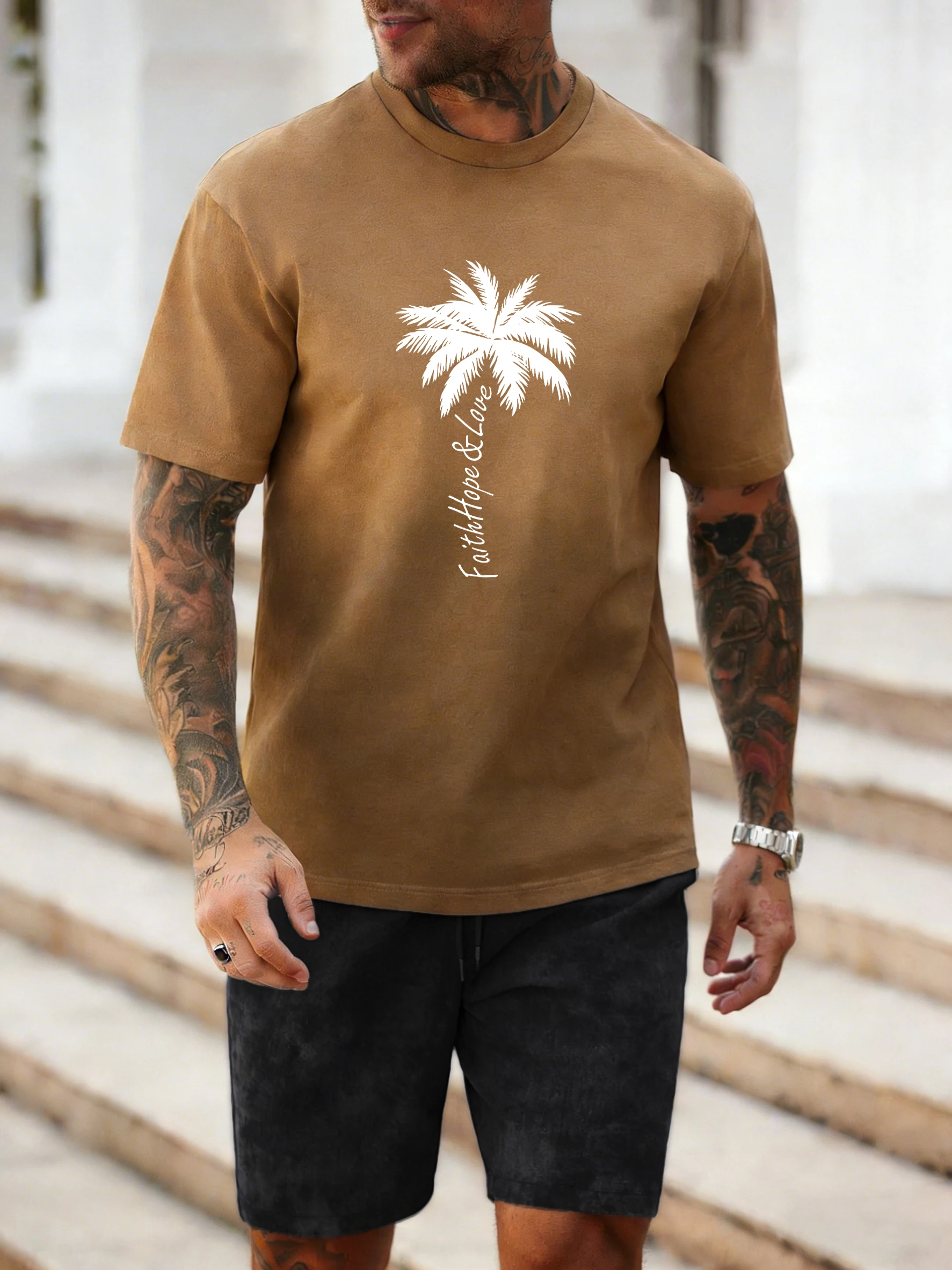 

Мужской комплект с принтом кокосовых пальм Faith Hope Love: футболка тай-дай и дышащие спортивные шорты из мягкого хлопка с коротким рукавом для отпуска