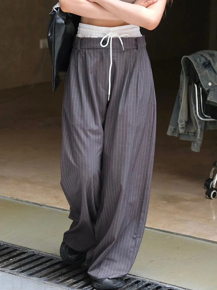 [EAM] High Elastic Waist Gray Striped Color-block Wide Leg Pants New Trousers Women Fashion Tide Spring Autumn 2024 1DH6815