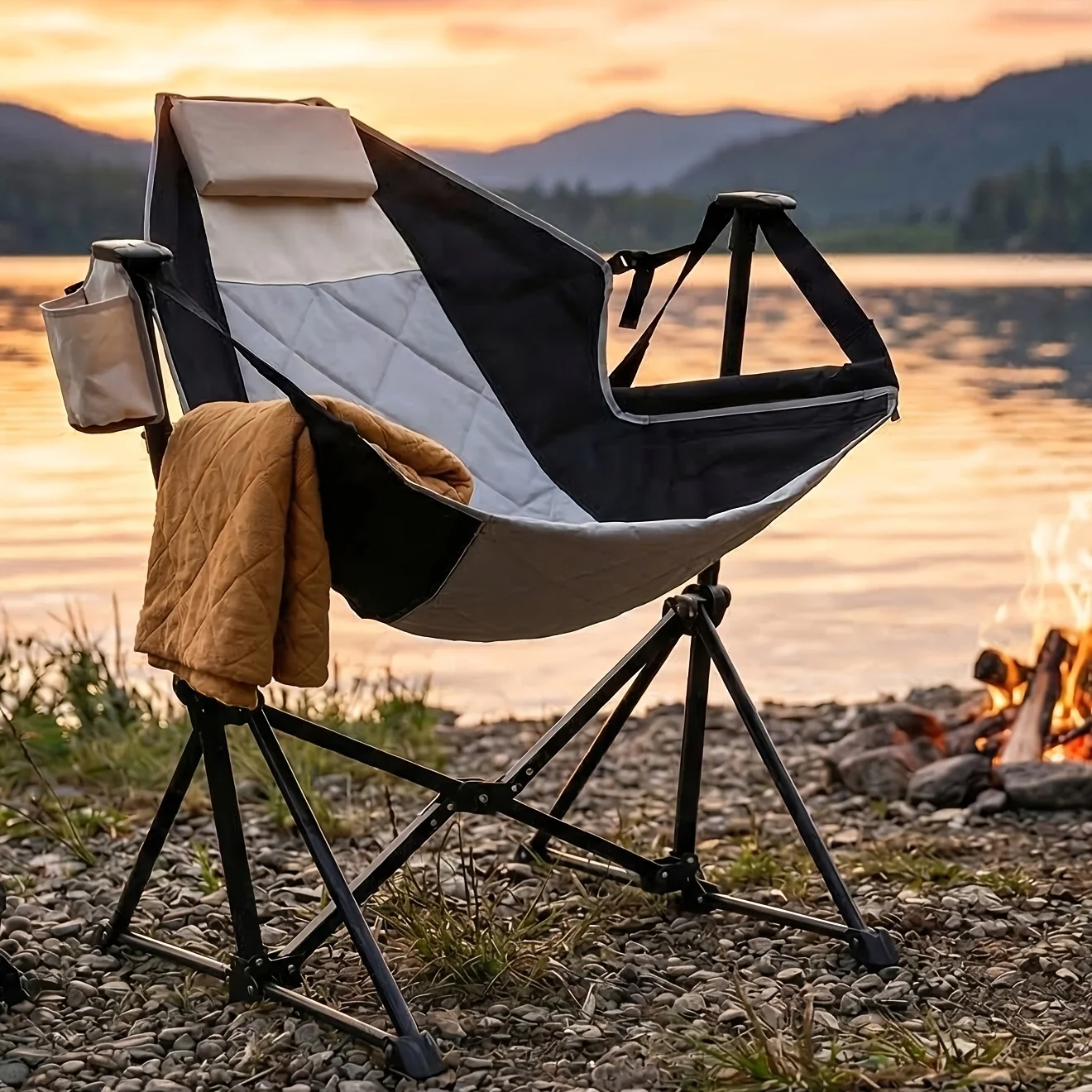 

Camping Swing Chair with Cup Holder, Luxury Folding Hammock Chair with Pillow, Portable Reclining Rocker Chair with Carry Bag